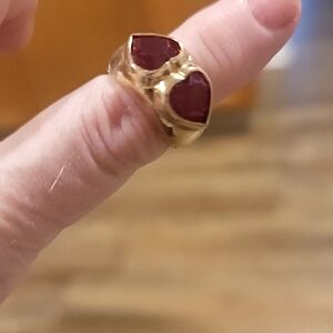 Gold tone Ring with Red Heart Accents